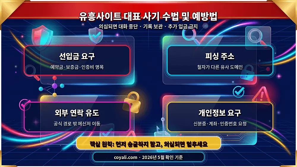 선입금 피싱 외부 연락 개인정보 요구 등 사기 위험 신호 인포그래픽